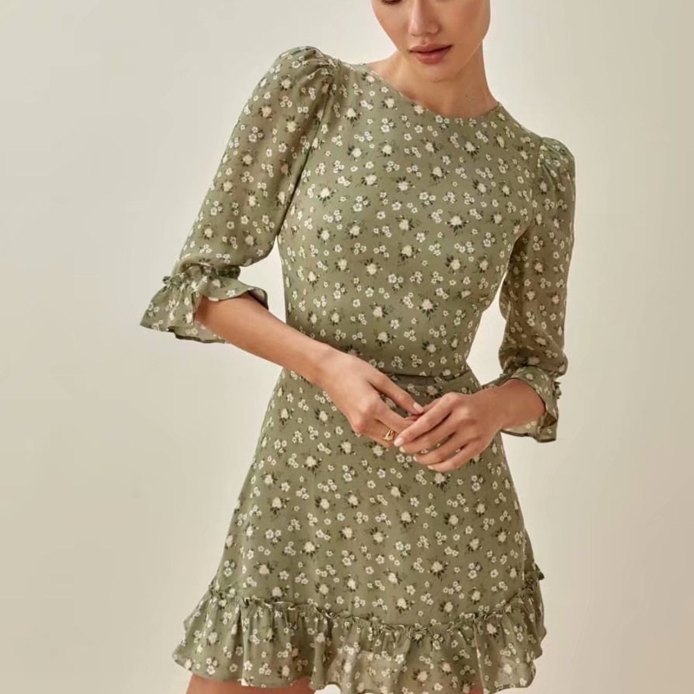 Reformation Doutzen Floral Ruffle Green Dress 0